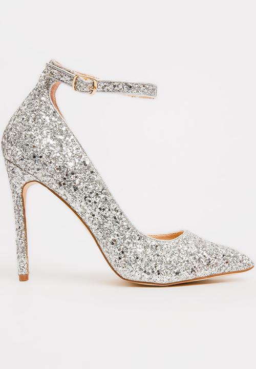 silver glitter heels with ankle strap