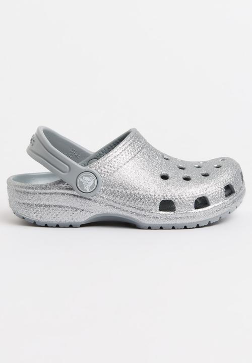 womens silver glitter crocs