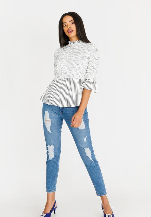 STYLE REPUBLIC - Lace Detail Babydoll Top Black and White