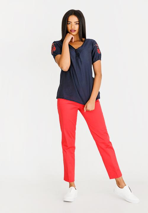 edit - V-neck Embroidered Detail Blouse Navy