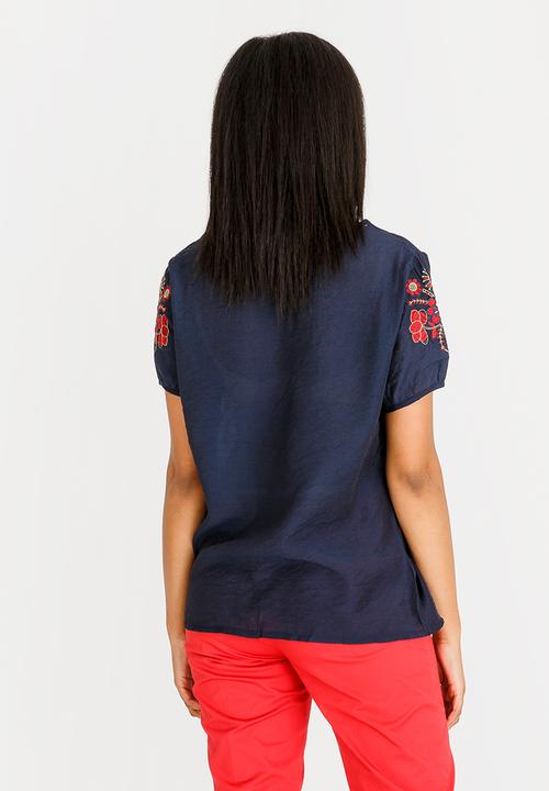 edit - V-neck Embroidered Detail Blouse Navy