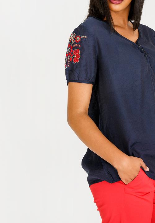 edit - V-neck Embroidered Detail Blouse Navy