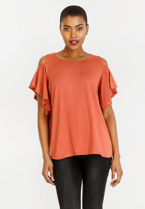 edit - Cold shoulder ruffle sleeve top - rust 