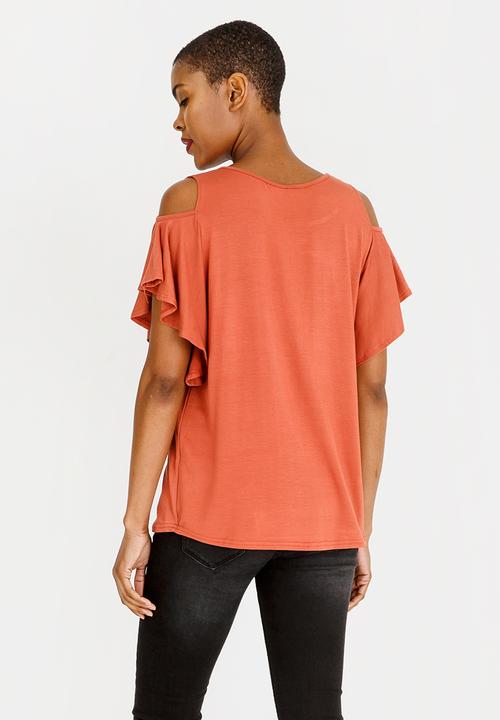 edit - Cold shoulder ruffle sleeve top - rust 