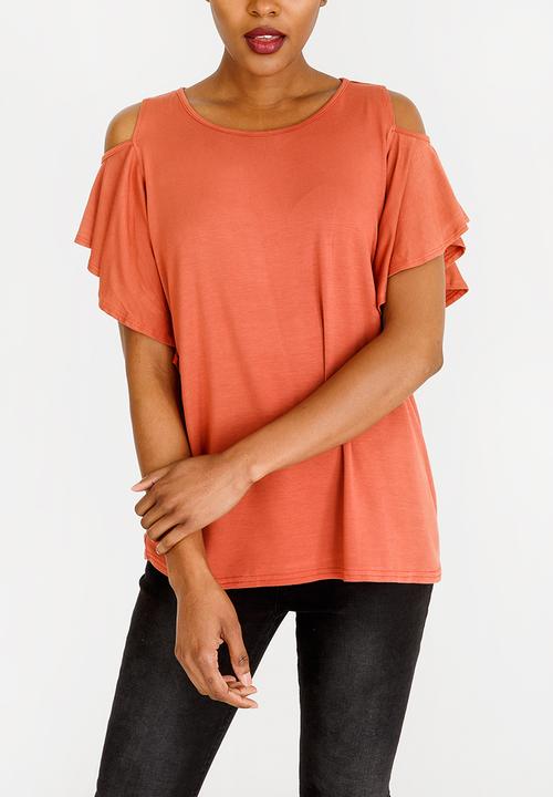 edit - Cold shoulder ruffle sleeve top - rust 