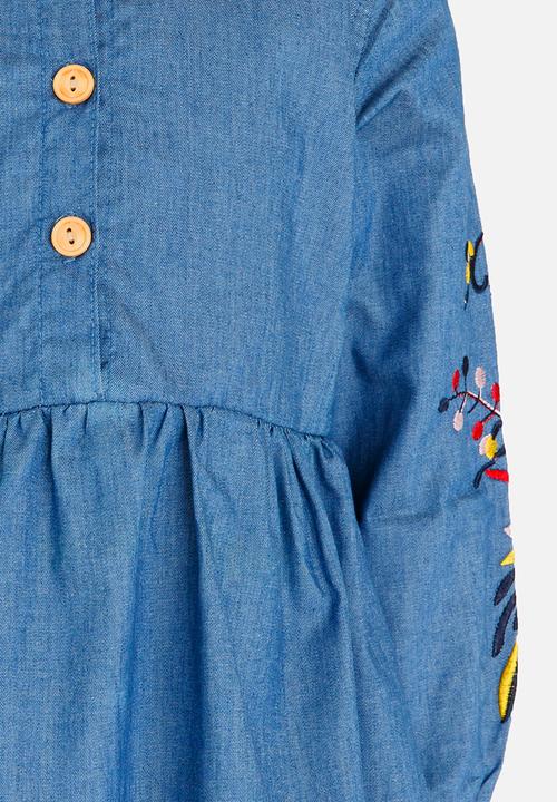 Pop Candy - Denim Dress with Embroidered Flowers Blue