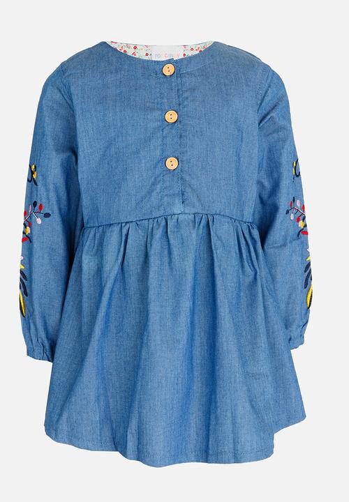 Pop Candy - Denim Dress with Embroidered Flowers Blue
