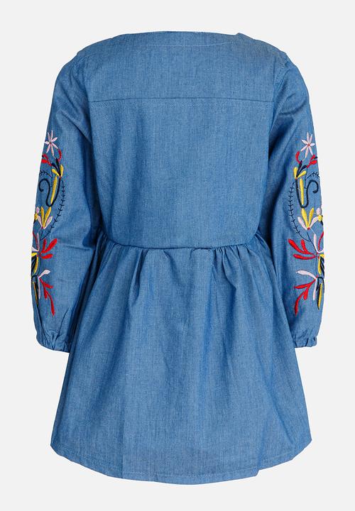 Pop Candy - Denim Dress with Embroidered Flowers Blue