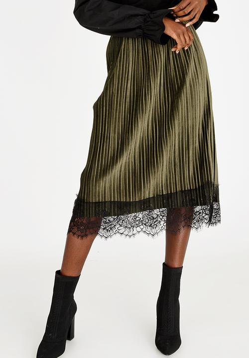 edit - Lace Trim Velour Skirt Dark Green