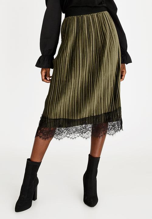 edit - Lace Trim Velour Skirt Dark Green