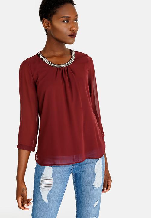 ONLY - Nete 3/4 Sleeve Top Burgundy