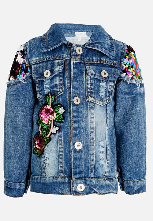 Pop Candy - Embellished Sequin Denim Jacket Navy