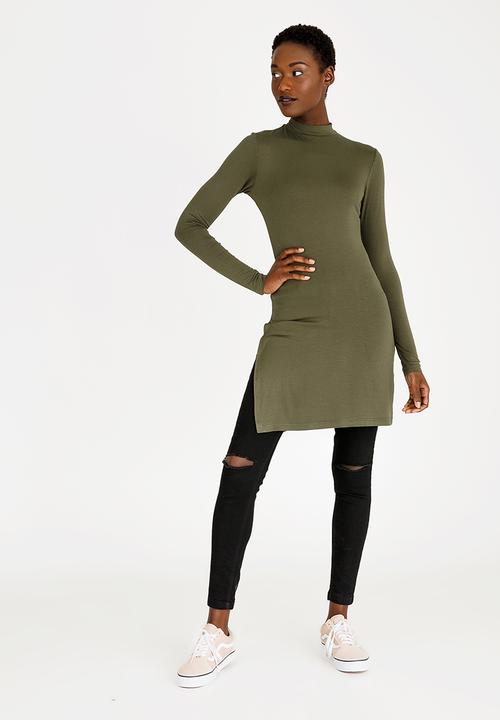 c(inch) - Longer Length Turtleneck Top Khaki Green