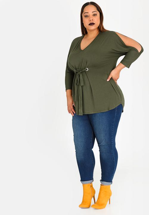 STYLE REPUBLIC PLUS - Eyelet Detail Tunic Khaki Green