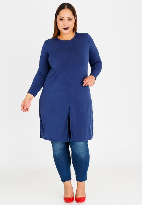 edit Plus - Long Sleeve Overlay Tunic with Slit Detail Navy