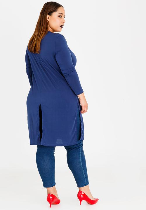 edit Plus - Long Sleeve Overlay Tunic with Slit Detail Navy