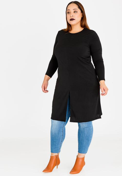 edit Plus - Long Sleeve Overlay Tunic with Slit Detail Black