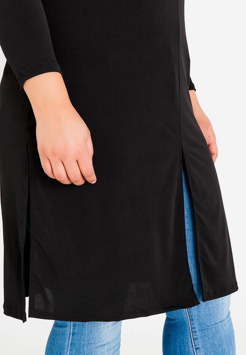 edit Plus - Long Sleeve Overlay Tunic with Slit Detail Black