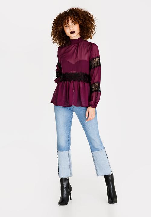 STYLE REPUBLIC - Lace Inset Blouse Burgundy