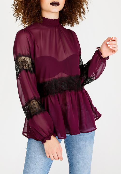 STYLE REPUBLIC - Lace Inset Blouse Burgundy