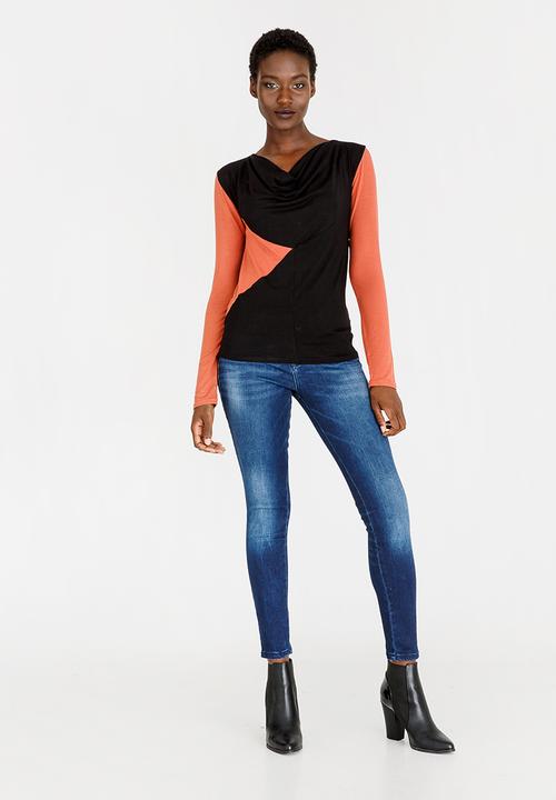 edit - Cowl Neck Colour Block Top Black