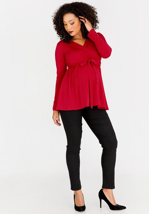 edit Maternity - Wrap Front Tunic Top with Belt Dark Red