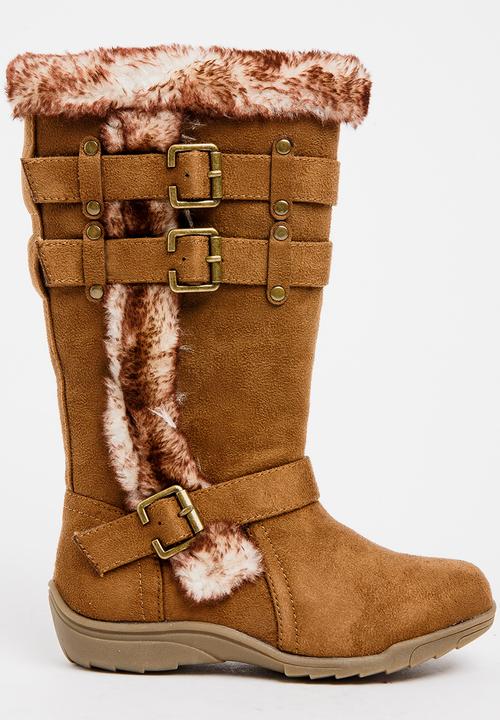Franco Rossi - Long Fur & Buckle Detail Boot Brown