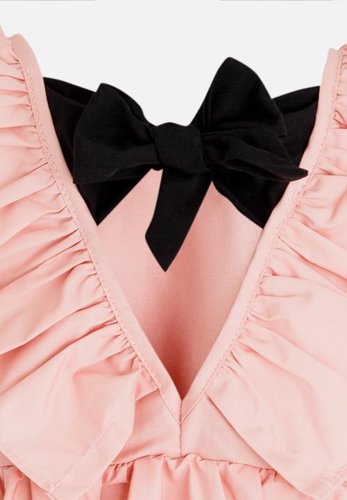 Pop Candy - Gathered Dress with Ruffle and Back Bow detail Mid Pink