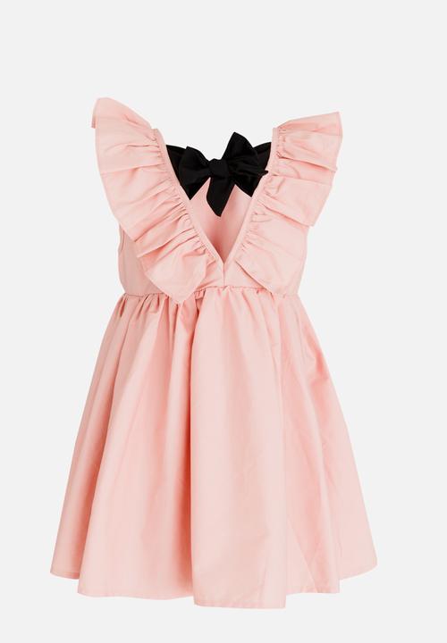 Pop Candy - Gathered Dress with Ruffle and Back Bow detail Mid Pink