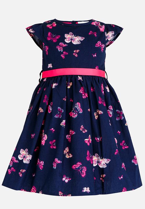 Pop Candy - Belted Butterfly Printed Dress Navy