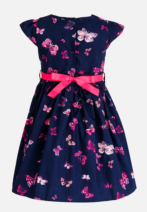 Pop Candy - Belted Butterfly Printed Dress Navy