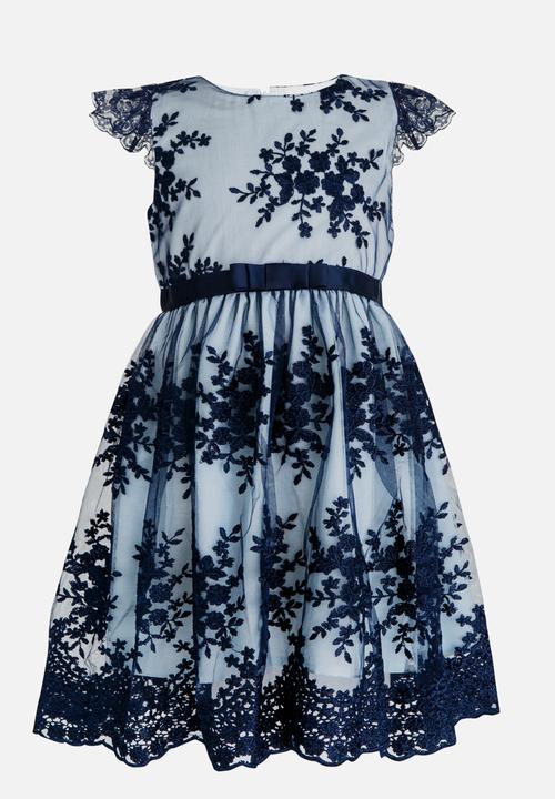 Pop Candy - Floral Printed Dress with Satin Belt Dark Blue
