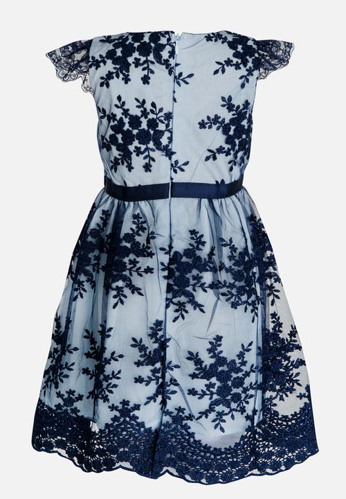 Pop Candy - Floral Printed Dress with Satin Belt Dark Blue