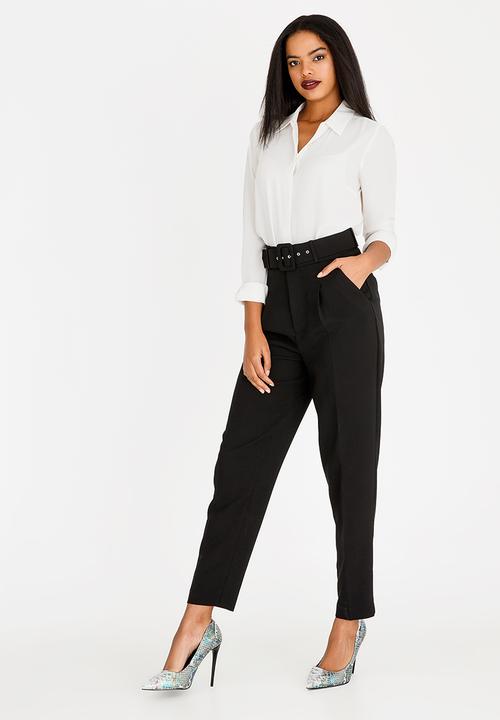 black high waisted belted trousers