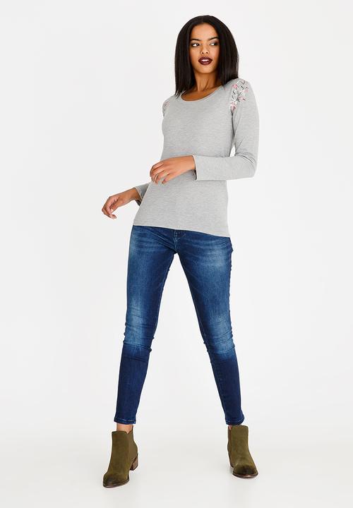JEEP - Embroidered Long Sleeve Top Grey Melange