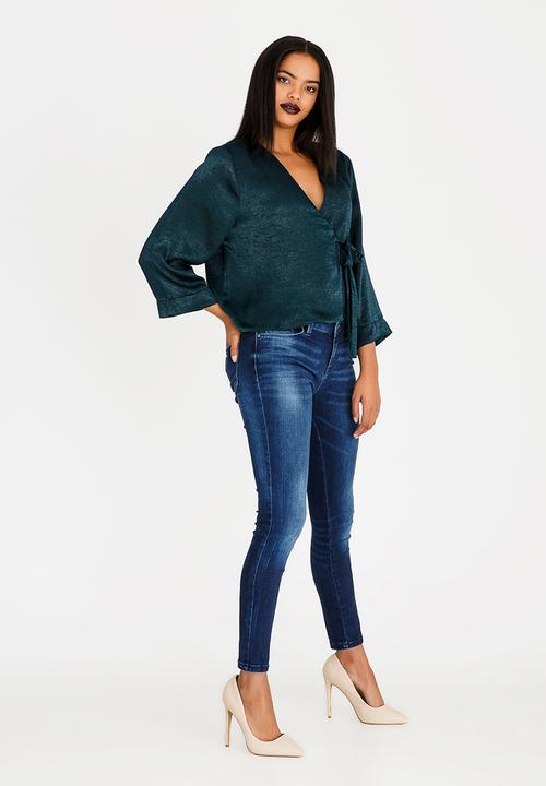edit - Wrap Over Blouse with Kimono Sleeve Dark Green