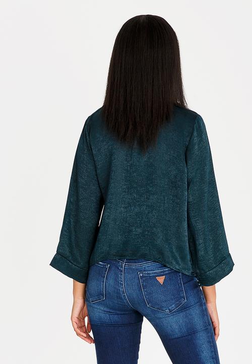 edit - Wrap Over Blouse with Kimono Sleeve Dark Green
