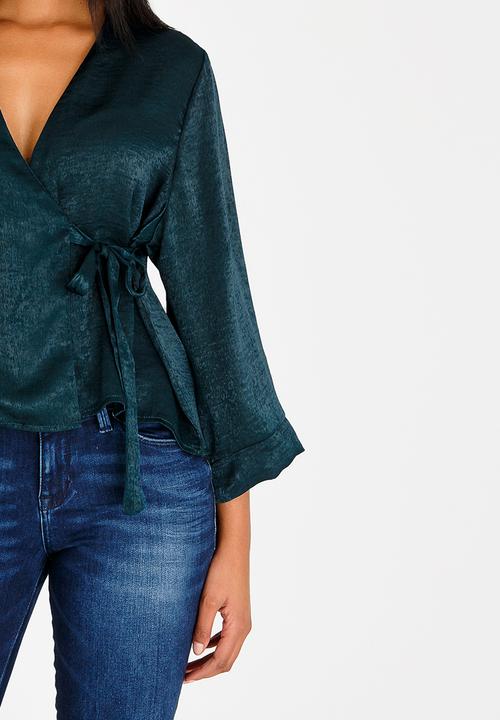 edit - Wrap Over Blouse with Kimono Sleeve Dark Green