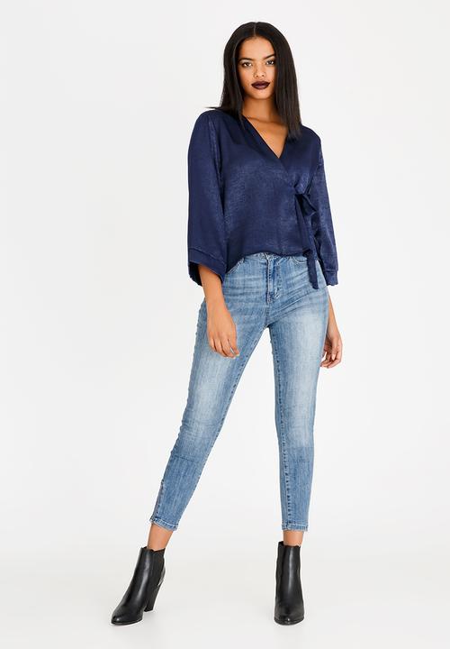 edit - Wrap Over Blouse with Kimono Sleeve Navy