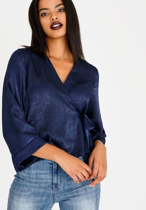 edit - Wrap Over Blouse with Kimono Sleeve Navy