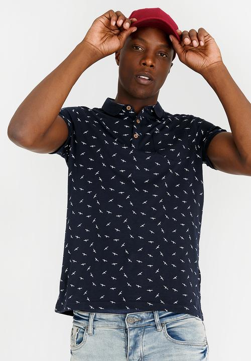 Brave Soul - Bruno Printed Cotton Golfer Navy