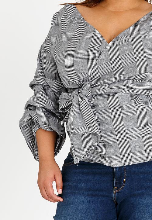 STYLE REPUBLIC PLUS - Checked Puff Sleeve Wrap Blouse Black and Grey