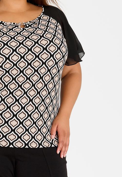 edit Plus - Mesh Sleeve Blouse Black and Cream