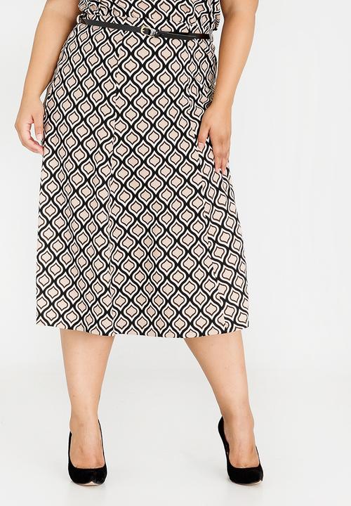 edit Plus - Printed Skirt with Belt Black and Cream