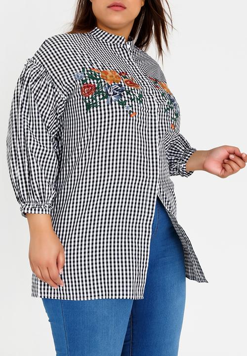 STYLE REPUBLIC PLUS - Embroidered Volume Sleeve Shirt Black and White