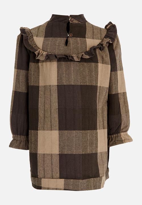 Pop Candy - Girls Printed  Check  Dress Brown