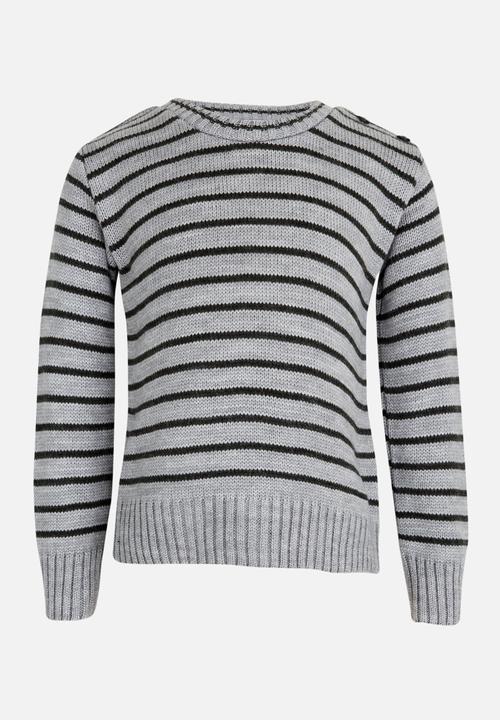 See-Saw - Stripe Jersey with Shoulder Button Detail Pale Grey