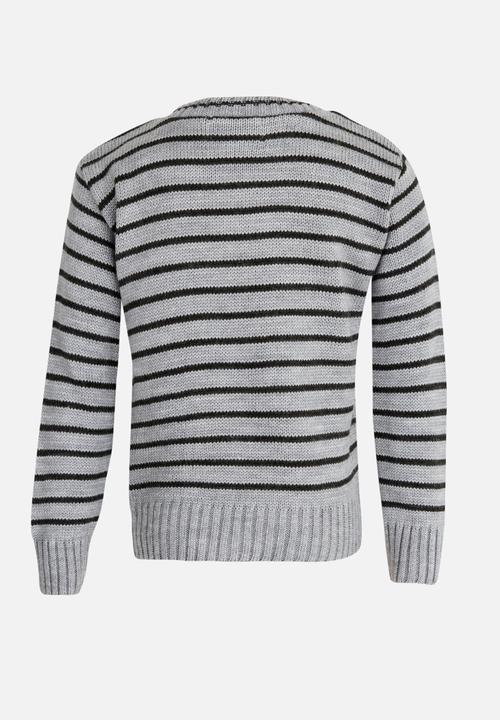 See-Saw - Stripe Jersey with Shoulder Button Detail Pale Grey