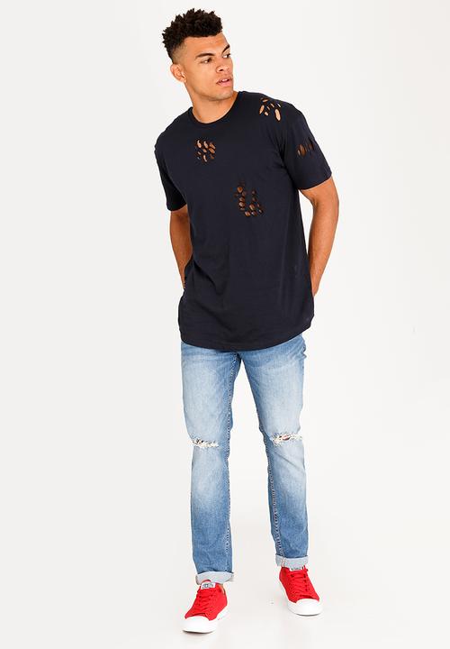 Brave Soul - Benji Hole Detail Cotton Tee Navy
