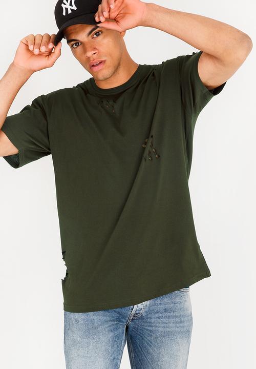 Brave Soul - Benji Hole Detail Cotton Tee Khaki Green